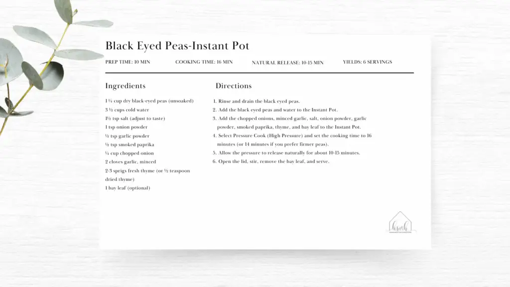 Black beans instant pot recipe card