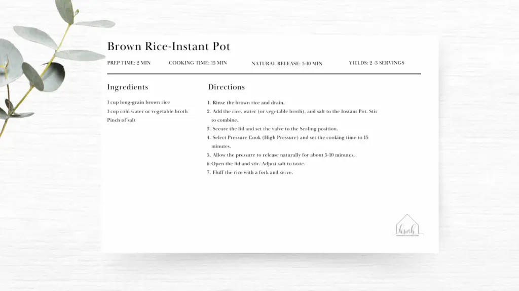 Brown rice instant pot recipe card
