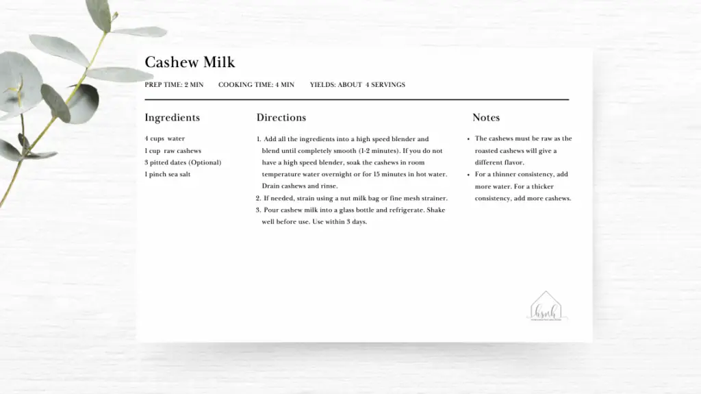 cashew milk recipe card